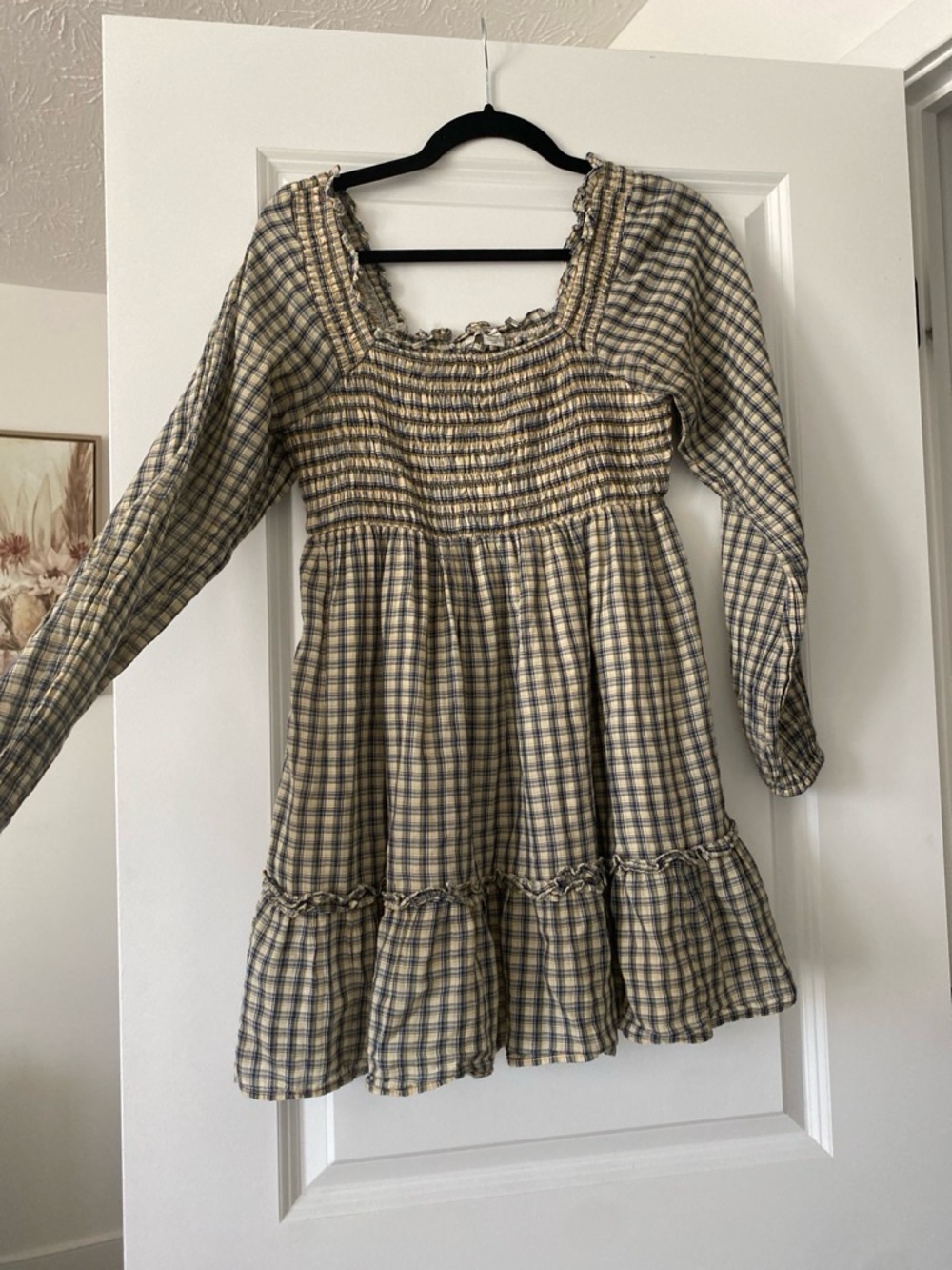 Plaid Smocked Long-Sleeve Dress - Cream & Blue - Picture 1 of 3